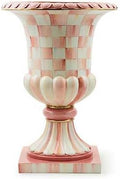 MACKENZIE-CHILDS Pedestal Tabletop Urn, Decorative Centerpiece for Table, Mantel, or Shelf, Tall, Pink-and-White Rosy Check