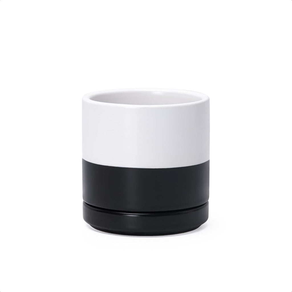D'vine Dev 3.5 Inch Ceramic Planter Pot with Drainage Hole and Saucer, Indoor Cylinder Round Planter Pot, Layered Monochrome Black & White, 94-O-A-L