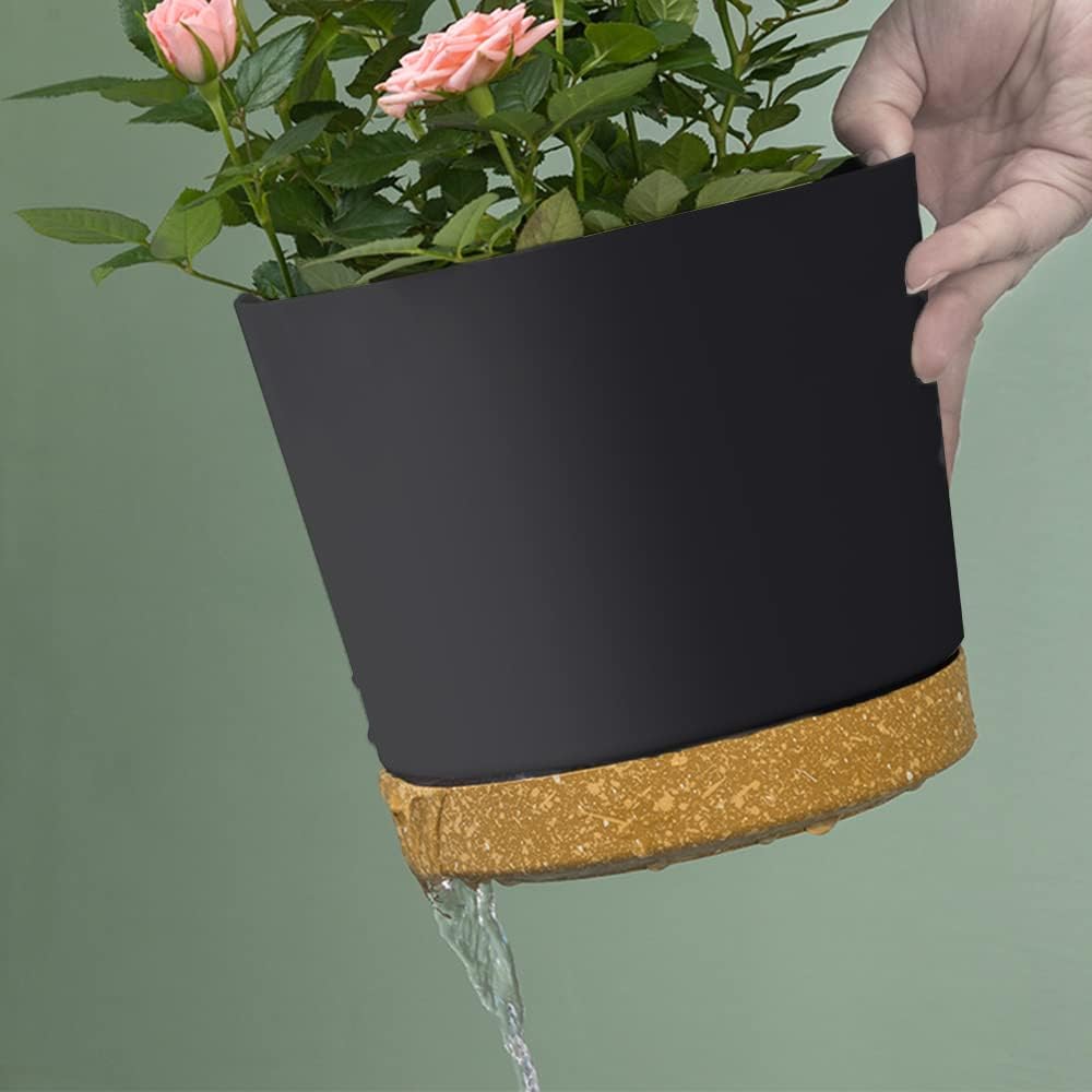 ZMTECH Plant Pots, Set of 6 6.5'' Self Watering Plastic Planter with Drainage Hole and Saucer,Modern Decorative Flower Pot for Indoor Outdoor House Plants, Succulents, Flowers - Dark Gray