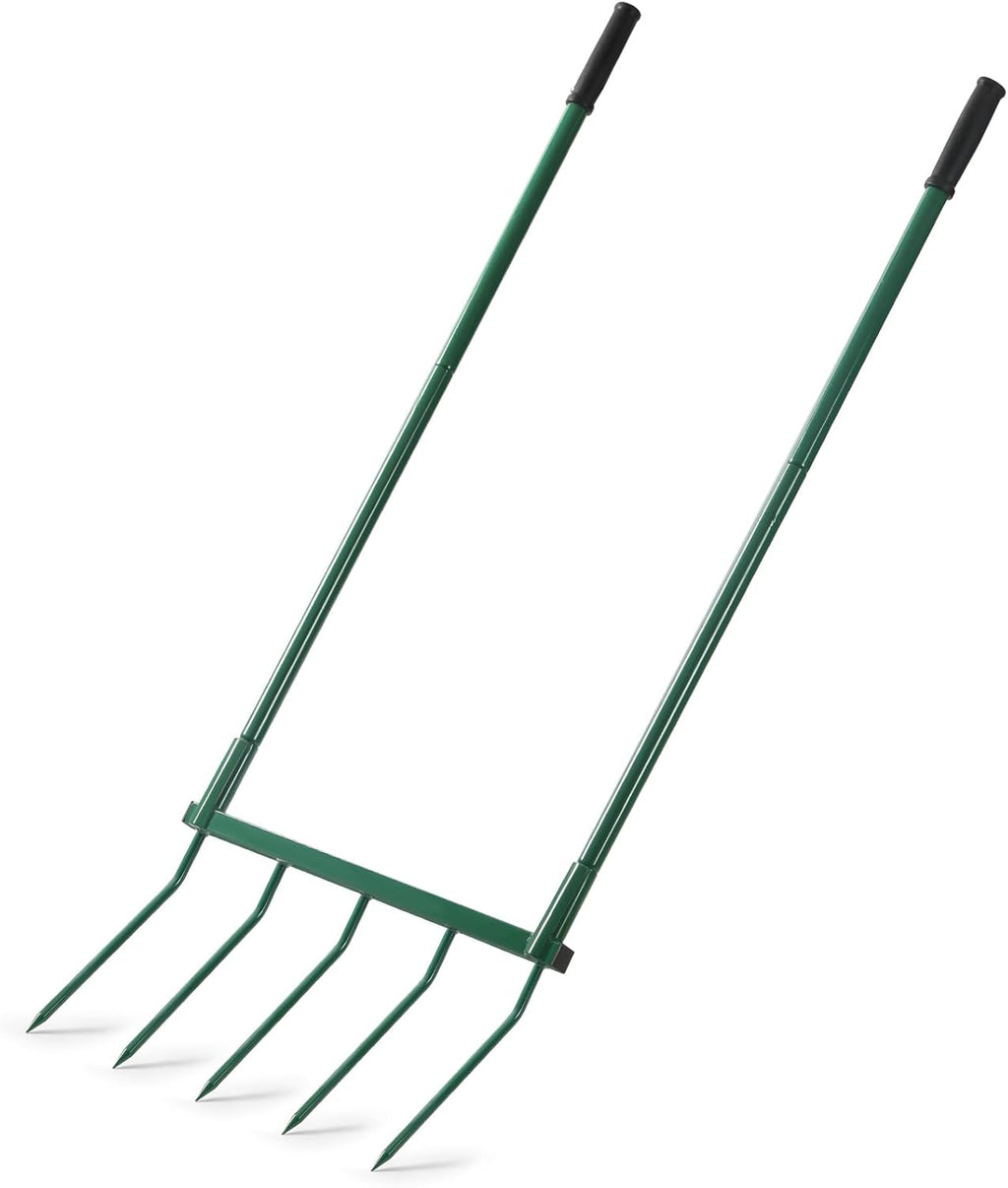 Broadfork Garden Tool with Steel Handle Heavy Duty Five Tines Broad Fork for Gardening Loosening and Aerating Soil, U-Shaped Design Hand Tiller, Compost Turner and Aerator