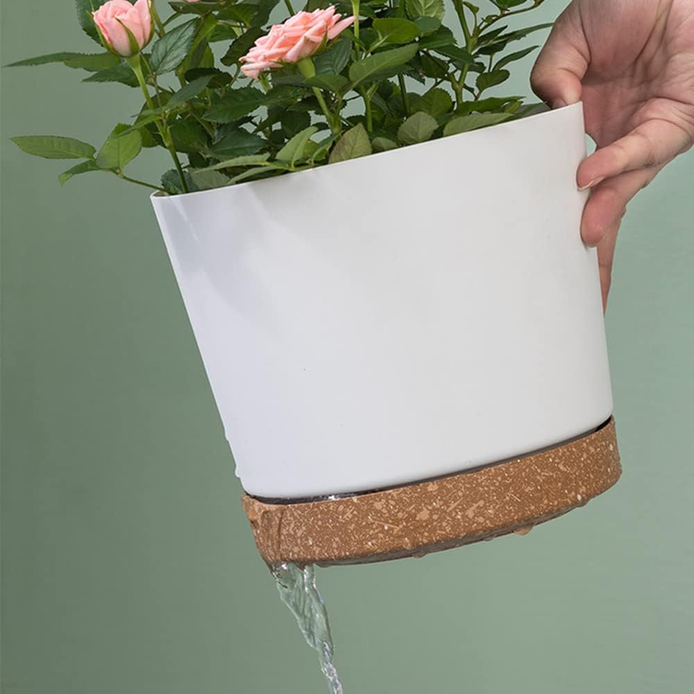 ZMTECH Plant Pots, Set of 3 8'' Self Watering Plastic Planter with Drainage Hole and Saucer, Modern Decorative Flower Pot for Indoor Outdoor House Plants, Succulents, Flowers - White