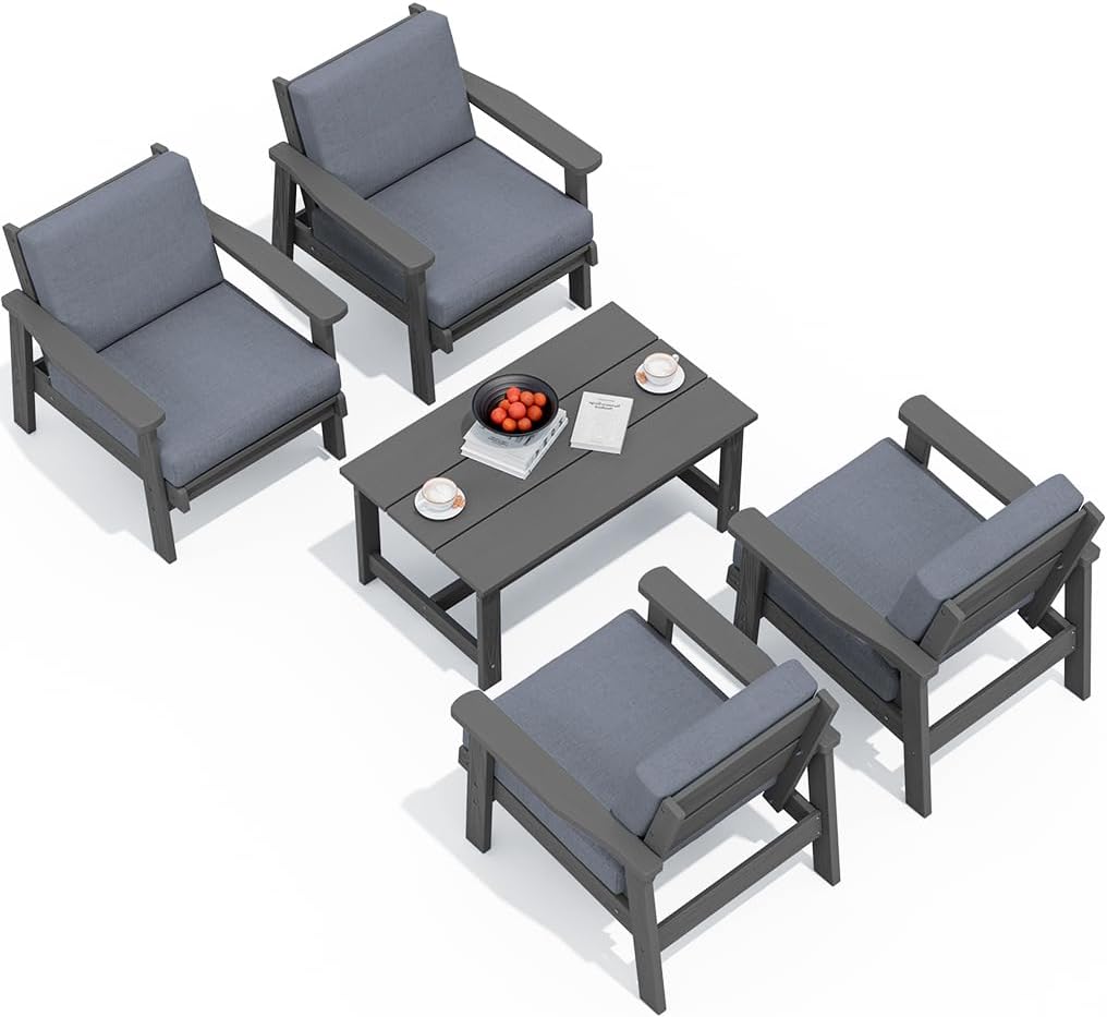 SERWALL Outdoor Patio Furniture Set, 5 Piece HDPE Patio Conversation Sets, All-Weather Wood-Like Outdoor Couch Loveseat and Coffee Table with Thick Cushions for Porch Balcony Garden Backyard