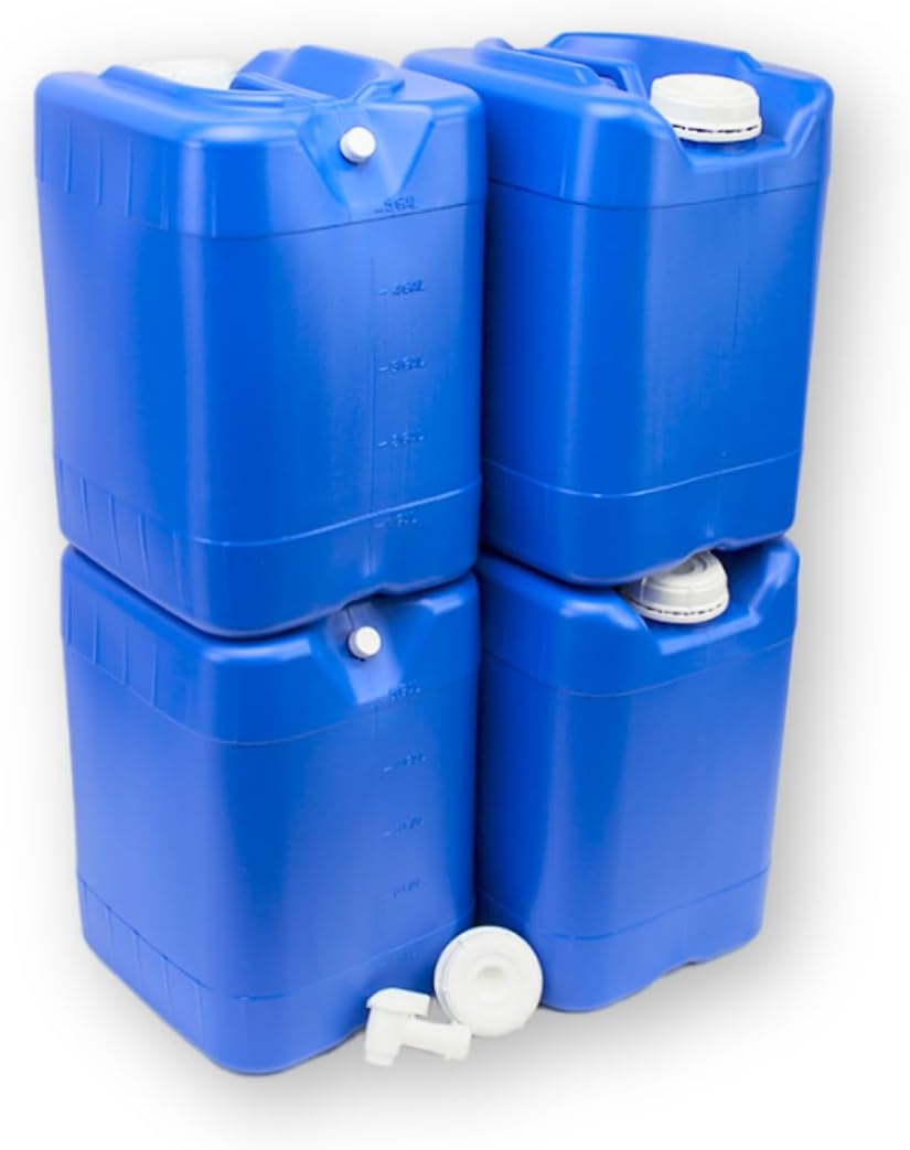 5-Gallon Stackable Water Storage Containers, w/Lids + Spigot, Easy Fill, Survial Supply, Emergency Water Storage for Camping and Disaster Preparedness, RV, Camping, 20 Gallon