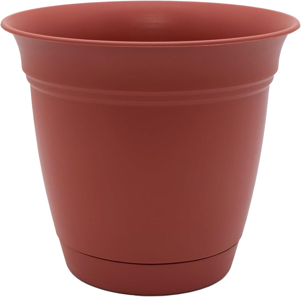 The HC Companies Eclipse Round Planter with Saucer - Outdoor & Indoor Plant Pot with Drainage Holes - Lightweight, UV-Resistant Plastic Pots for Plants, Flowers & Herbs (12" Clay, Pack of 1)