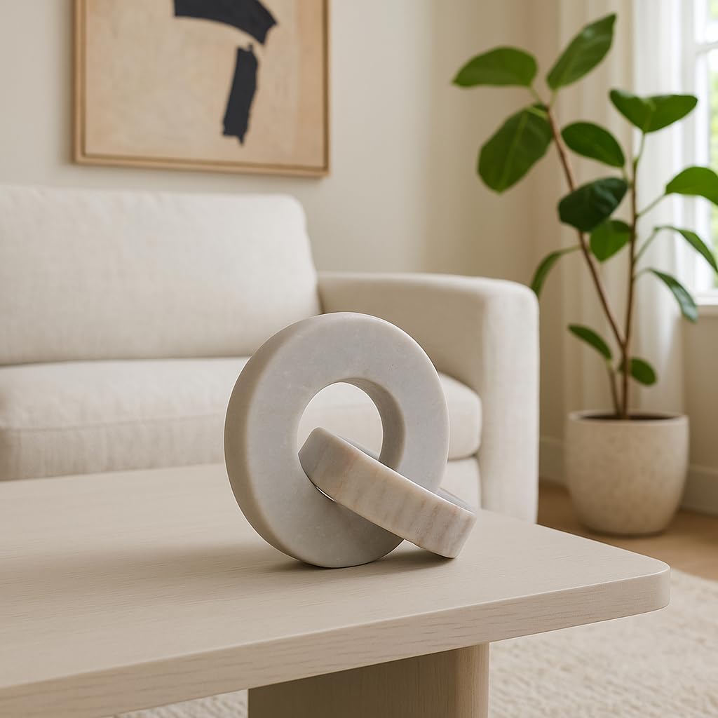 Home Decor and Bathroom Decor Marble Double Ring – Modern Shelf Sculpture and Office Accents for Room Styling – Coffee Table Ornaments and Living Room Decor Statues Design – 6", White & Beige