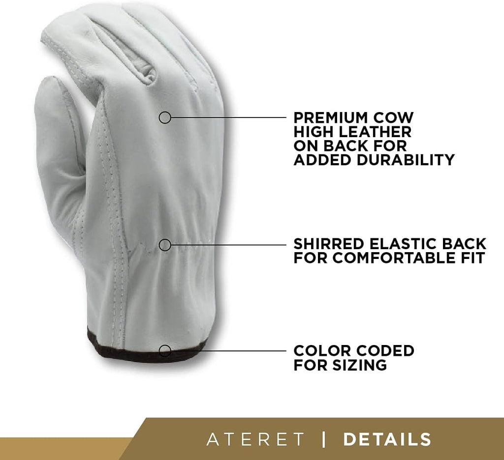 ATERET 12 Pairs XX-Large Heavy Duty Durable Cowhide Leather Work Gloves I Driver Gloves for Truck Driving, Warehouse, Gardening, Farming