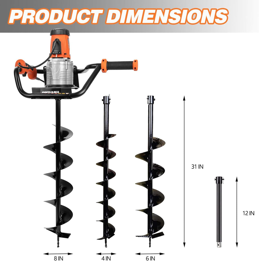 PROYAMA Electric Post Hole Digger, 1700W Corded Earth Auger with 4" 6" 8" Drill Bit, 12" Extension Rod, Reverse Control, 5-Year Warranty Gear Box, Ideal for Post Hole Digging, Drilling, Tree Planting
