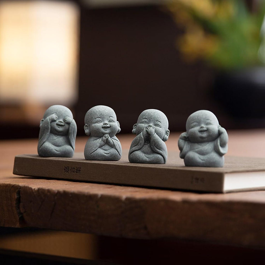Laughing Buddha Statue Decor - 4Pcs Small Zen Monk Sandstone Buddha Sculpture for Wealth Good Luck Feng Shui Decor, Cute Zen Decoration for Home Office Desk Indoor and Outdoor(Gray)