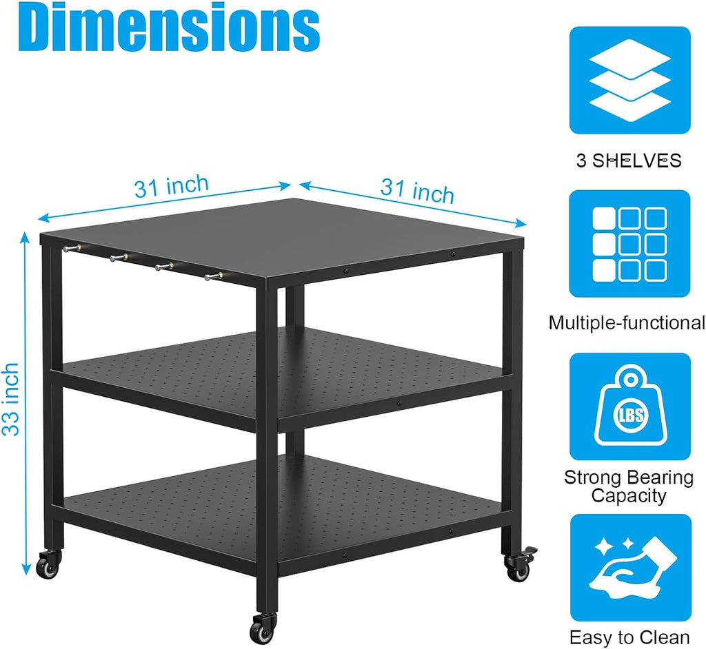 31x31x33 Inch Grill Cart for Outdoor Pizza Oven Table for Ooni, Blackstone, Ninja Grill Stand, Three-Shelf Movable Food Prep and Work Cart Station, Stainless Steel Trolley Table with Waterproof Cover
