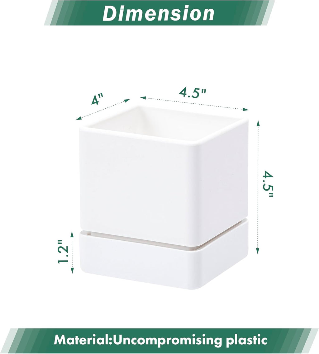 4 Inch Herb Planter Pot, Plastic Planter with Drainage Holes and Saucer, Modern Decorative Gardening Pot for Indoor Plants, Flowers, Herbs, Succulents, White, Set of 3, 76-Y-A-3