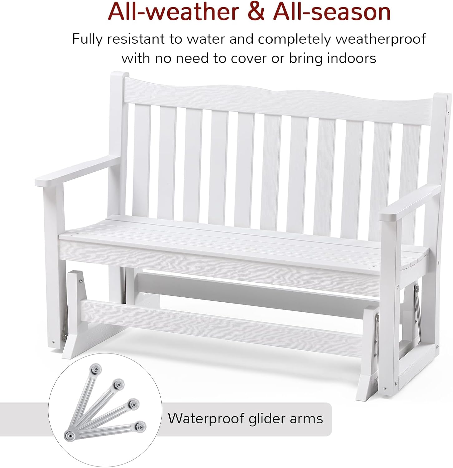 Stoog Outdoor Glider, 2 Person All-Weather Glider Bench with 800 lbs Weight Capacity, Never Fade or Rot, for Backyard, Garden, Deck, and Poolside, White
