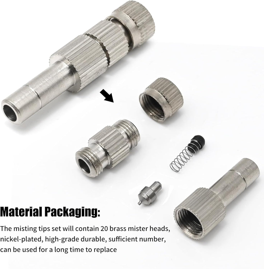 20pcs 6mm Brass Mister Nozzles with Filter, 0.006"/0.15mm Orifice Misting Nozzles for Outdoor Cooling System, Landscaping, Air Humidification, Greenhouse Irrigation