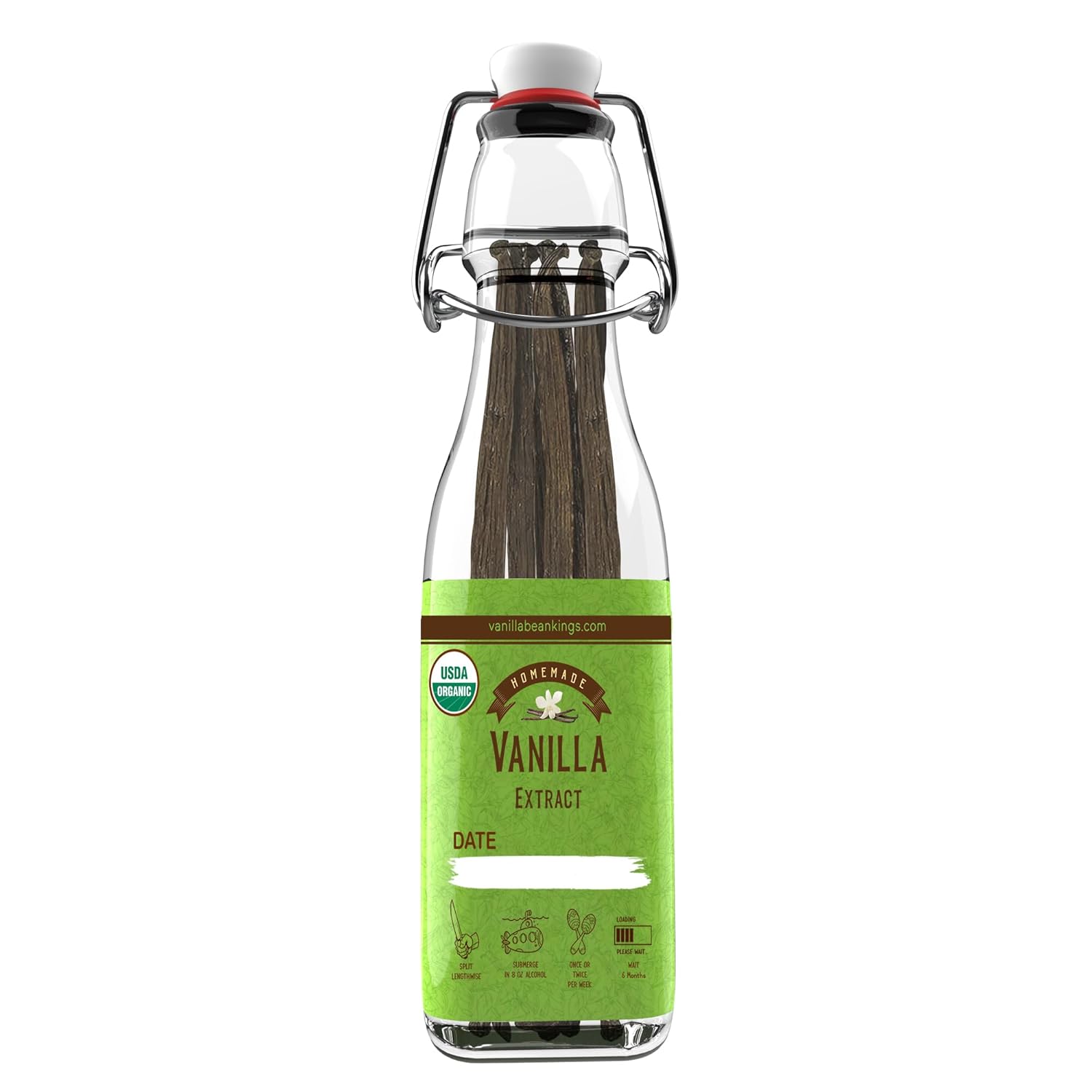 Homemade Vanilla Extract Kit | DIY | 1 Ounce of Premium Organic Madagascar Grade A Vanilla Beans 6-7 inches (Appoximately 8-10 Beans) with 8.5 oz Swing Top Glass Bottle