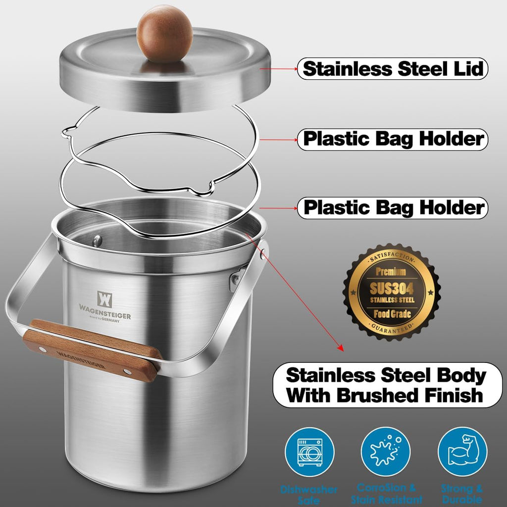 Kitchen Countertop Compost Bin 101ounces / 3Liters with Airtight Lid, SUS304 Stainless Steel Odor-Free Food Waste Bin with Wooden Handle Stylish Design/Bathroom Trash Can (Silver)
