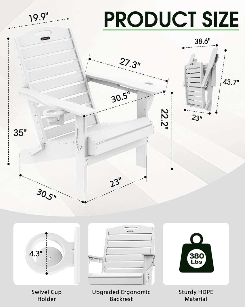Adirondack Chairs Set of 2, Outdoor Fire Pit Chairs, HDPE All-Weather Adirondack Chairs with Cup Holder, Lawn Chair for Deck, Patio, Garden (White)