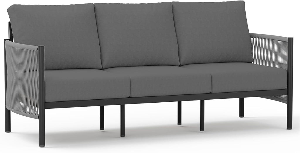 Aluminum Outdoor Patio Couch, 3 Seats HDPE Rope Patio Sofa with Washable Thick Cushion, All-Weather Patio Furniture for Balcony, Yard, Gray Frame, Charcoal
