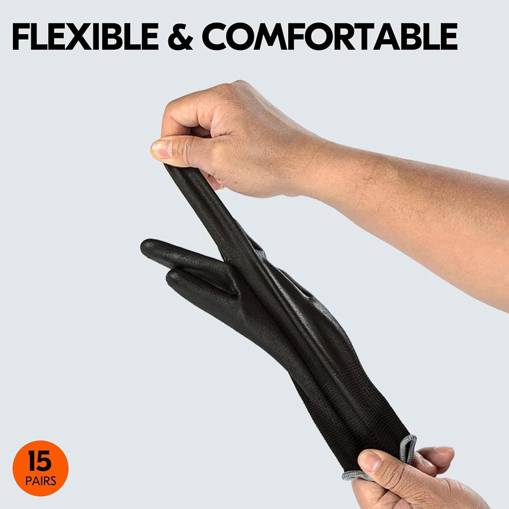Vgo... 15-Pairs Safety Work Gloves, Gardening Gloves, Polyurethane Coated, Dipping Gloves, Latex Free (Size S, Black, PU2103)