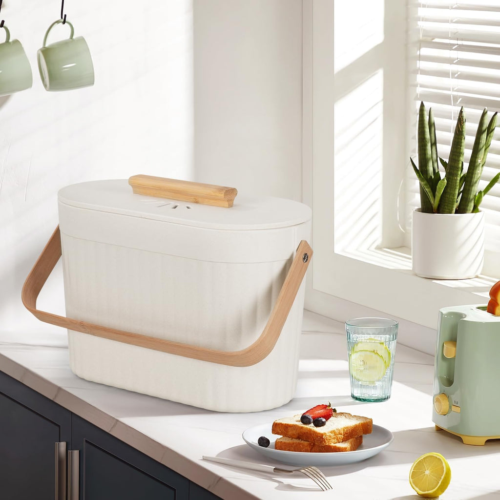 Odorless Counter Top Compost Bucket with Lid - Yatmung Small Kitchen Compost Bin Countertop - Narrow Sustainable Bamboo Composting Pail - Indoor Composter - Slim Food Waste Bin for Kitchen - Cream -