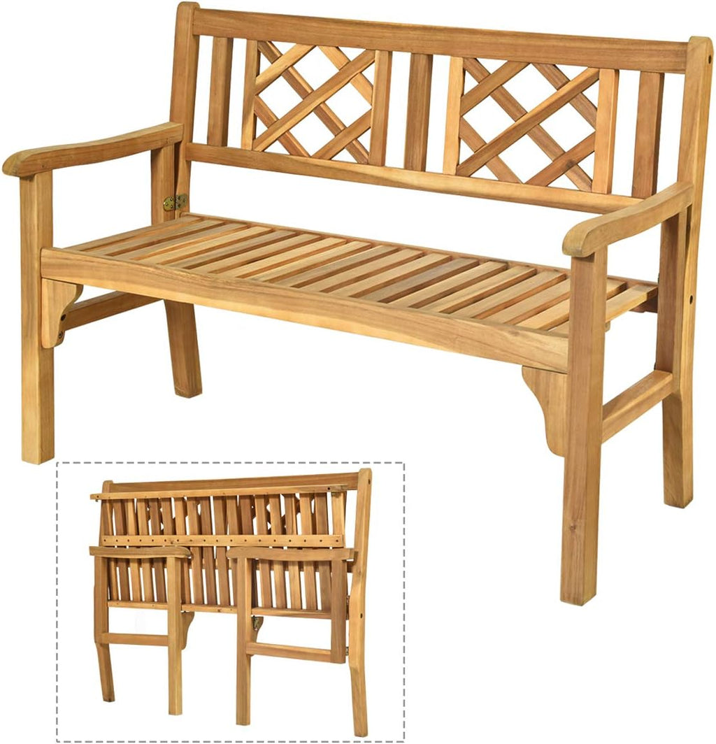 Giantex 4 Ft Foldable Outdoor Bench, Acacia Wood Outside Loveseat with Curved Backrest and Armrest, 705Lbs Weight Capacity, Garden Bench for Patio, Park, Porch, Balcony