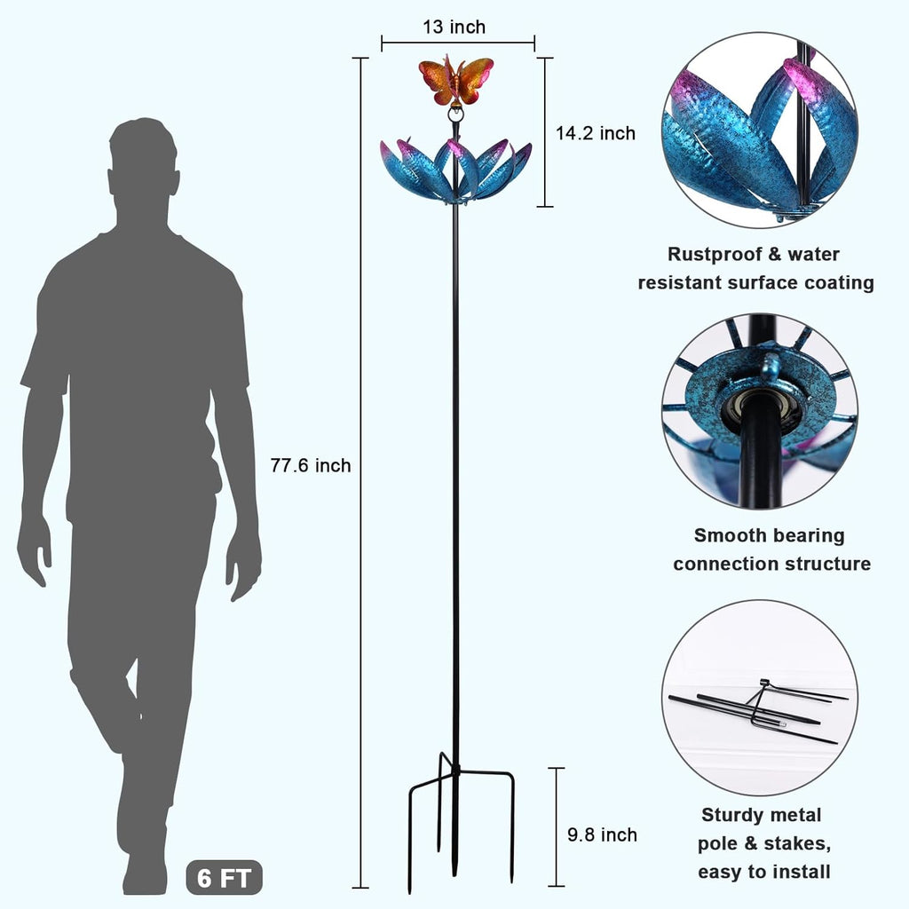 hogardeck Large Wind Spinners Outdoor, 77.6" Metal Butterfly Tulip Wind Spinner with Heavy-Duty Stakes, Multi-Color 360° Rotating Wind Sculptures Kinetic Yard Art for Home Garden Lawn Patio Decor