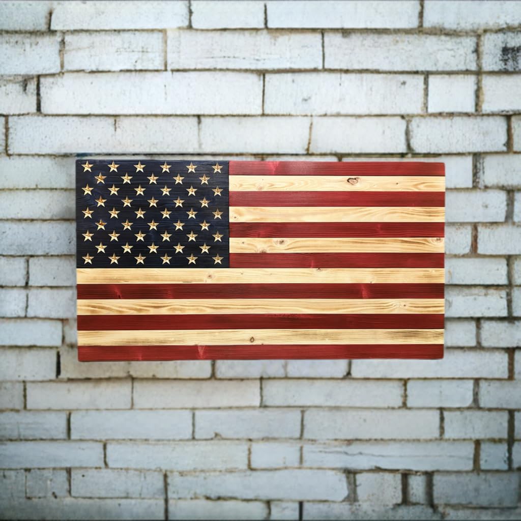 Rustic Wooden American Flag, Patriotic Wall Art (Weather Protected Finish, 34x65)