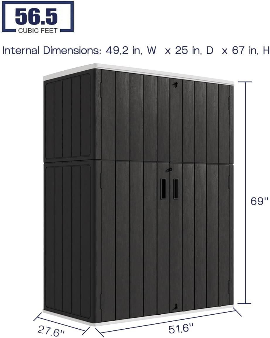 KINYING Outdoor Storage Shed,57 Cu.ft Vertical Outdoor Storage Cabinet Waterproof, Outdoor Resin Tool Shed for Patio Furniture, Garden Tools, Pool Accessories, Lawn Mower(Black Color)