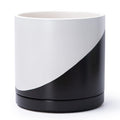 D'vine Dev 12 Inch Ceramic Planter Pot with Drainage Hole and Saucer, Indoor Cylinder Round Planter Pot, Oblique Monochrome Black and White, 94-O-F-K
