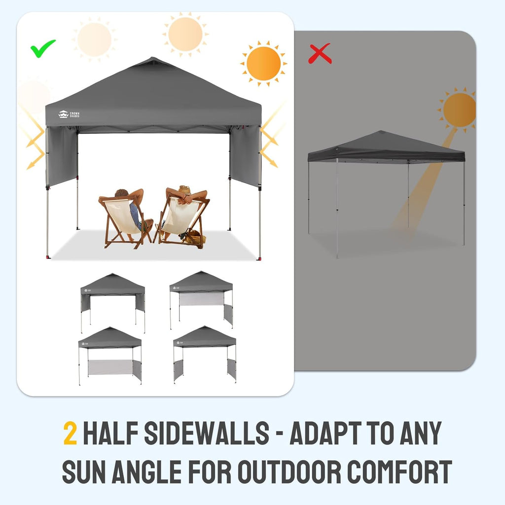 CROWN SHADES 10x10 Pop up Canopy Tent Instant Canopy with 150D Silver Coated Fabric Including 2 Half Sidewalls, 4 Ropes, 8 Stakes, 4 Weight Bags, STO 'N Go Bag, Grey