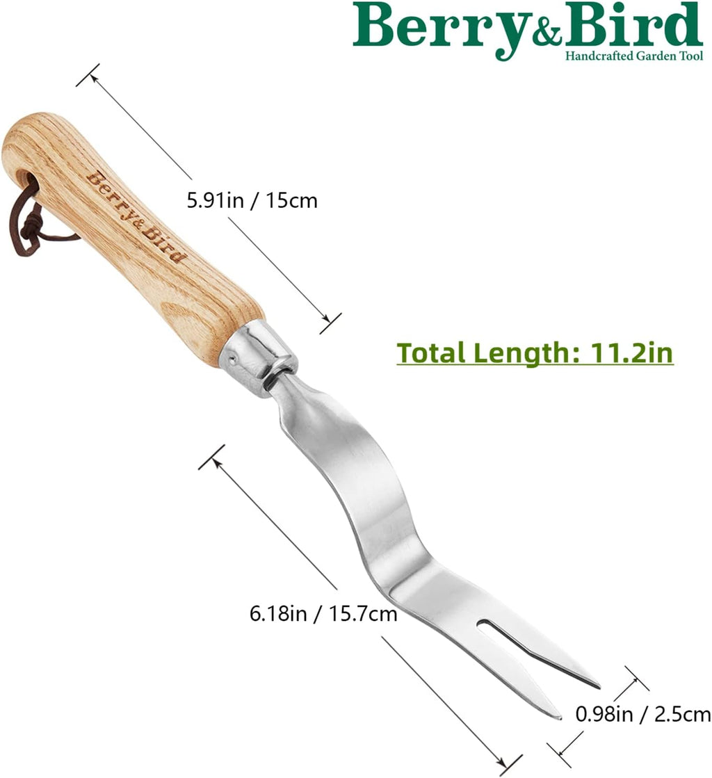 Berry&Bird Hand Weeder Tool, Stainless Steel Gardening Weed Puller, 12.1" Manual Weeding Removal Cutter Tool with Ash Wood Handle for Planting, Weeding, Flower & Vegetable Care in Garden Lawn Yard