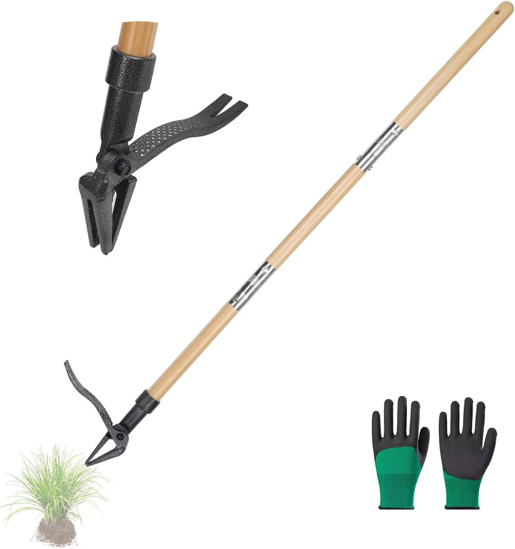 Weed Puller Tool Stand Up Weed Puller Tool with 3-Section Bamboo Handle & 4-Claw Steel Head Manual Weeder for Lawn and Garden (Bamboo)