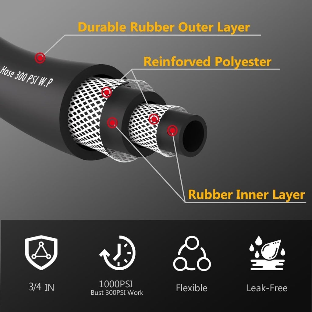 Leader Garden Hose 10ft x 3/4", Heavy Duty Short Water Hose, Male to Female Fittings, Five Layered Braiding for Durability, 1000PSI Burst, 300PSI Working (Black)
