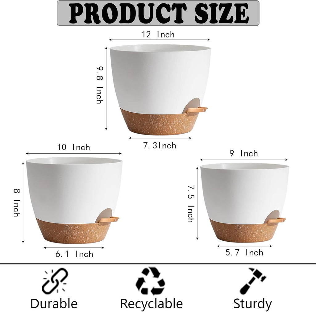 Plant Pots,12+10+9 Inch Self Watering Pots with Drainage Hole for Indoor Plants Large Flower Pot, Plants Pots Indoor Outdoor,Modern White Plastic Planters for Indoor Plants