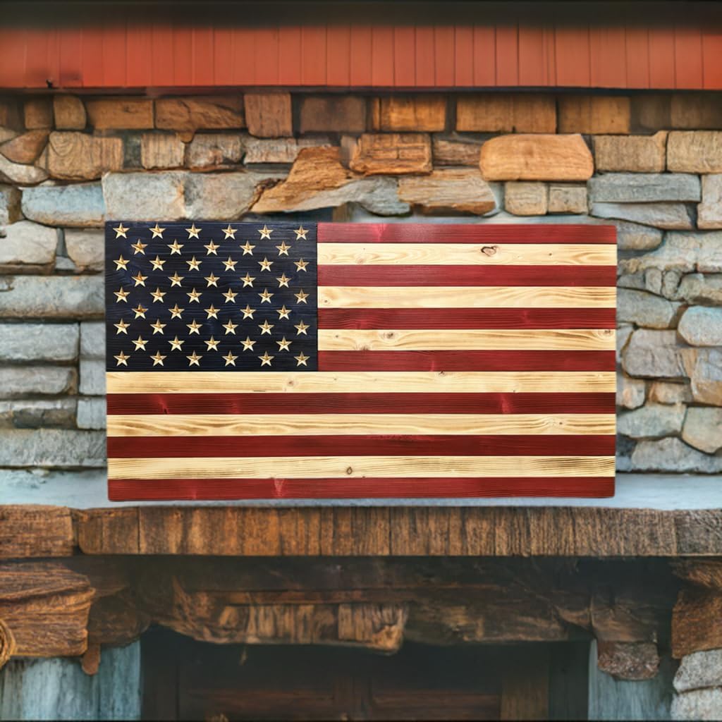 Rustic Wooden American Flag, Patriotic Wall Art (Natural Finish, 30.5x57.5)