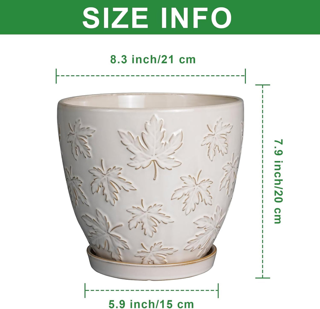 Ceramic Pots for Plants - 8 Inch Plant Pot with Drainage Hole and Saucer Large Planter Pot for Indoor Plants Outdoor Modern Flower Pot Home Decor White
