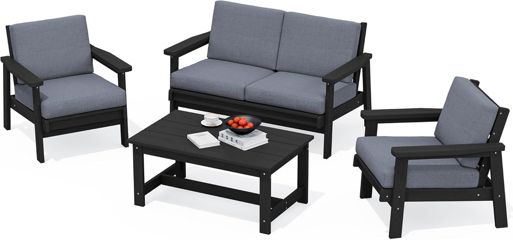 SERWALL 4 Piece HDPE Outdoor Furniture Set, All Weather Wood-Like Outdoor Sofa Sectional Couch, Black Patio Furniture Set with Grey Cushions