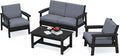 SERWALL 4 Piece HDPE Outdoor Furniture Set, All Weather Wood-Like Outdoor Sofa Sectional Couch, Black Patio Furniture Set with Grey Cushions