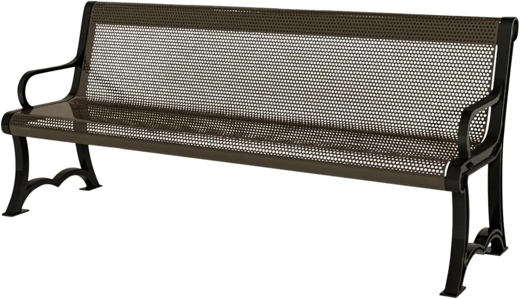 Coated Outdoor Furniture Heavy-Duty Outdoor Bench Thermoplastic Coated, Punched Steel, Commercial-Grade Garden Bench, Made in America (Portable with Back, 4 Ft, Textured Brown)