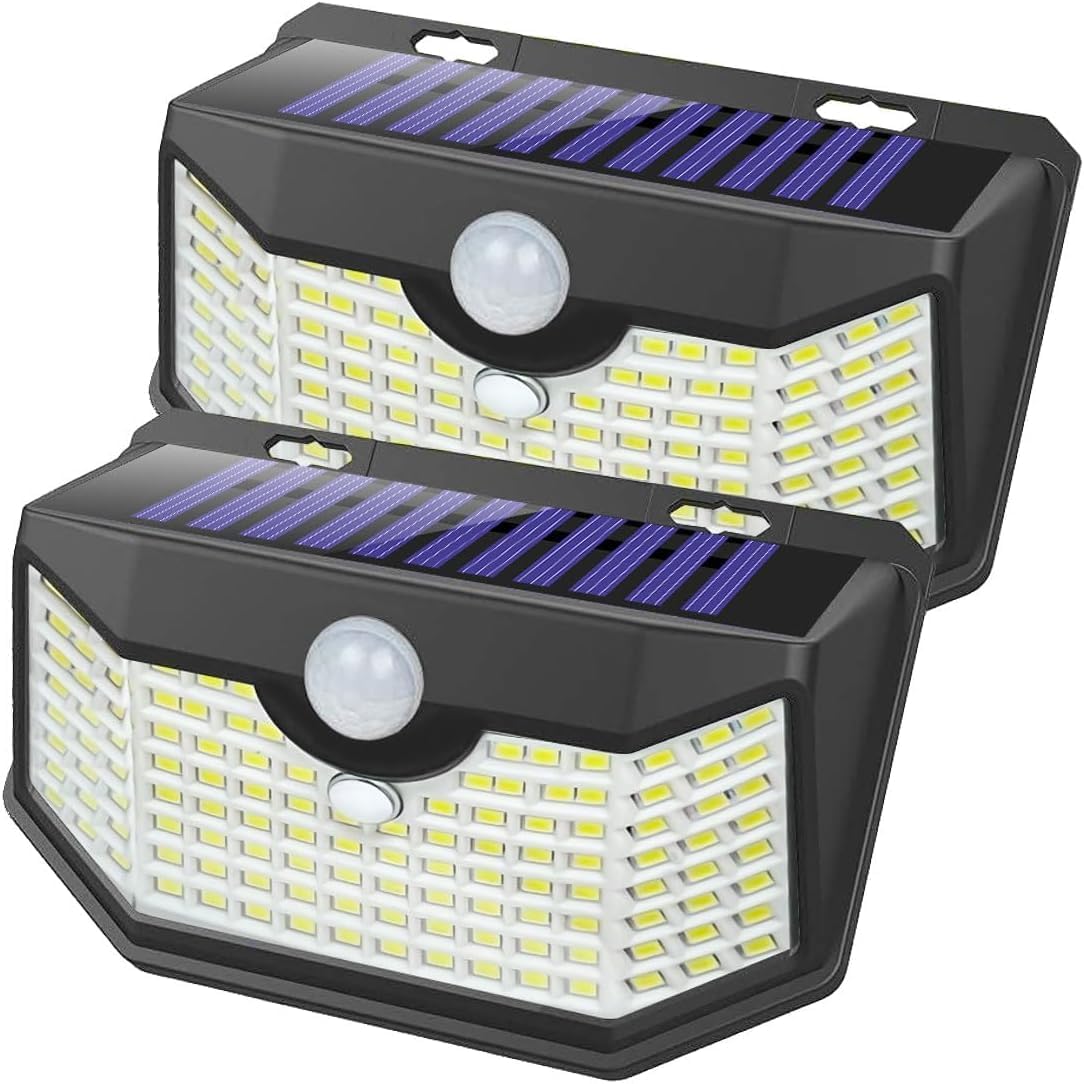 HMCITY 120 LED Outdoor Solar Lights with Motion Sensor and 3 Lighting Modes, IP65 Waterproof Wide Solar Wall Lights Ideal for Garden Patio Yard (Front Button 2Packs, Daylight White)