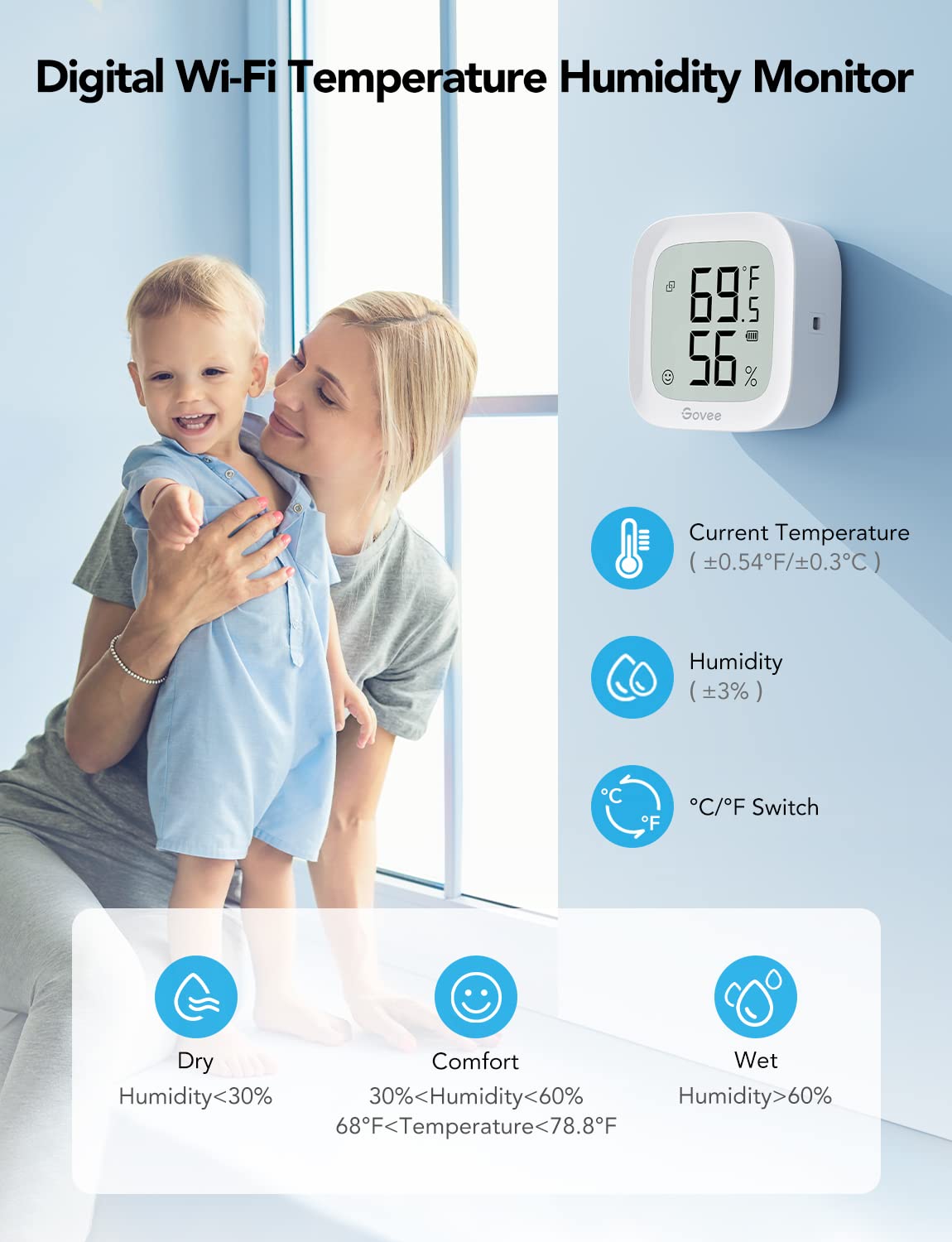 Govee WiFi Thermometer Hygrometer 2Pack H5103, Indoor Temperature Humidity Sensor with Electronic Ink Display, App Notification Alert, Free Data Storage Export, Digital Remote Monitor for Bedroom