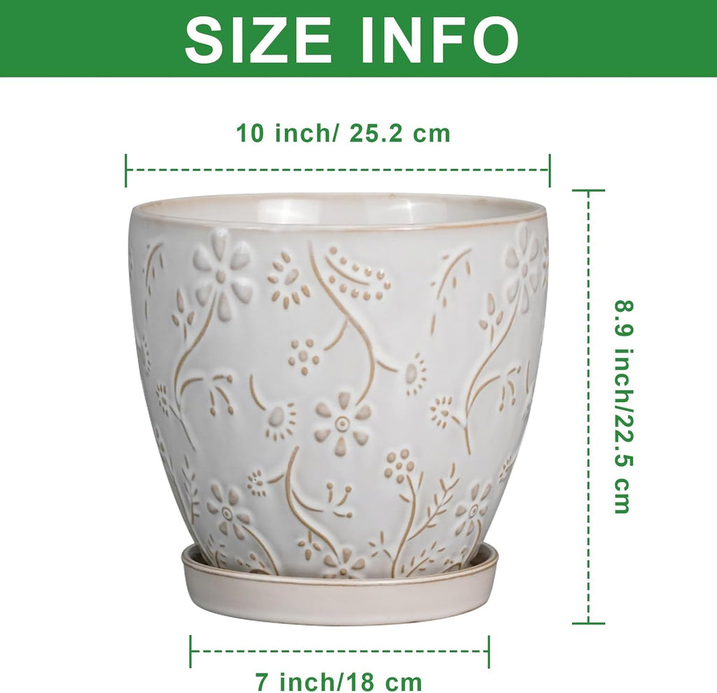 10 Inch Plant Pot Ceramic Planter Pot with Drainage Hole and Saucer Round Planter Large Flower Pot for Indoor Outdoor Plants Home Garden Decor White