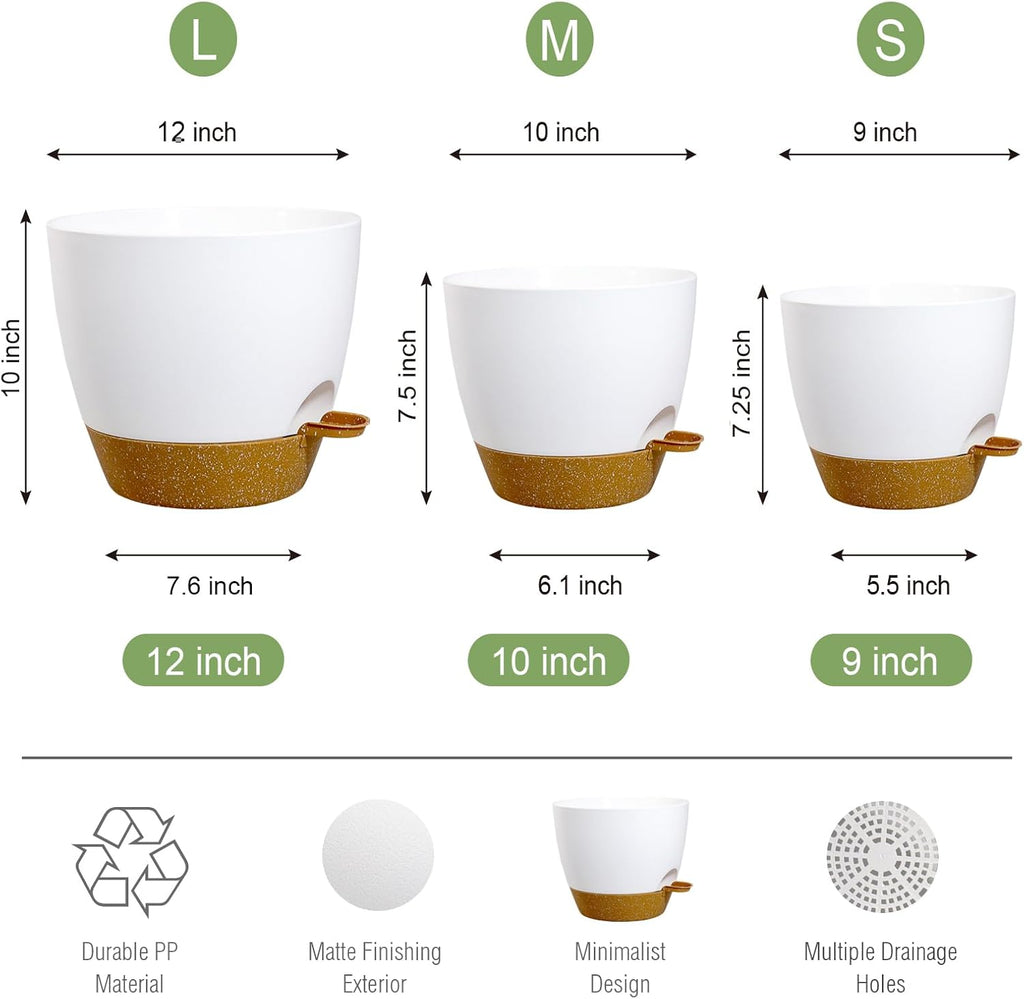 Large Self Watering Pots, 12/10/9 Plastic Planters with High Drainage Holes and Deep Reservoir for Indoor Outdoor Garden Plants and Flowers, White with Brown