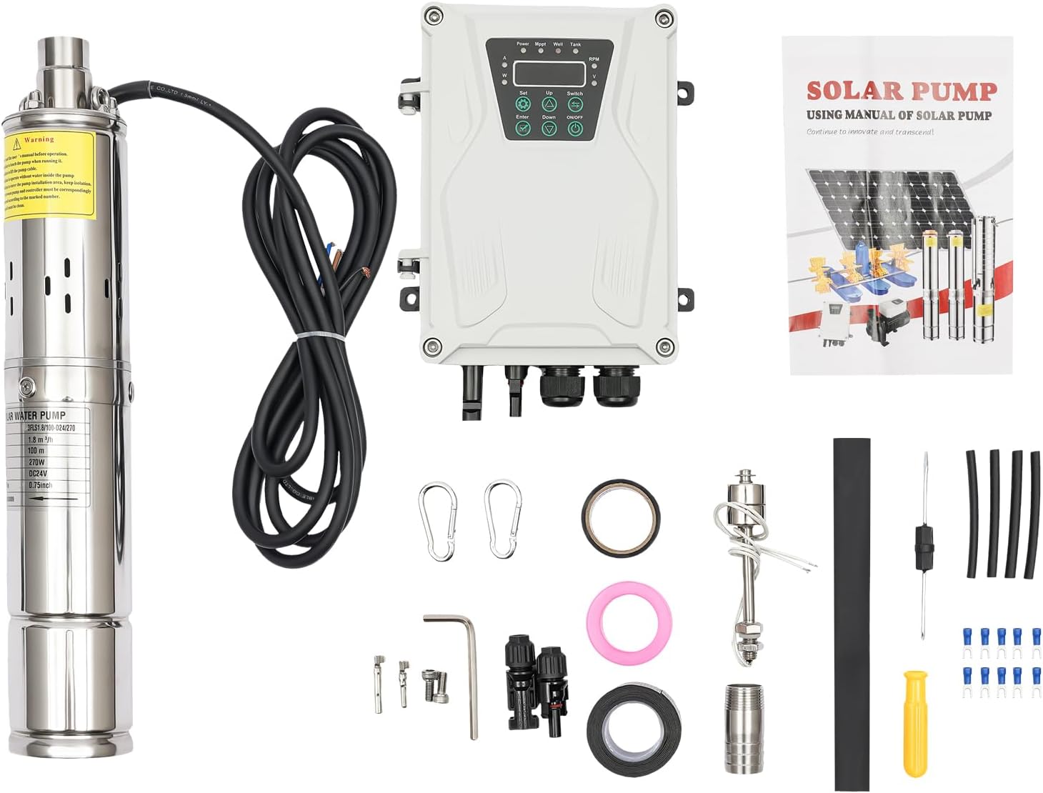 3 Inch Solar Water Pump Submersible Well Deep Bore Screw Well Garden Irrigation Kit with MPPT Controller (24V 270W)