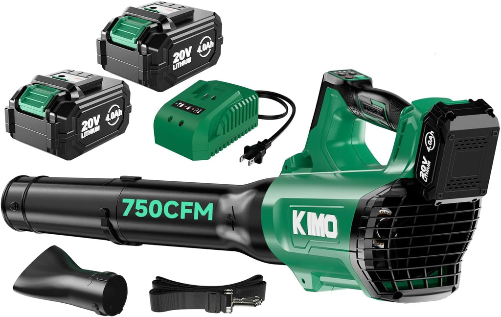 KIMO Cordless Leaf Blower with Battery and Charger, 750CFM 220MPH, 4 Speeds w/Turbo Mode, Brushless Motor, 3 Extended Tube, 2x4.0Ah Battery Powered Leaf Blowers for Lawn Care Patio Cleaning Wet Leaves