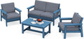 SERWALL 4 Piece HDPE Outdoor Furniture Set, All Weather Wood-Like Outdoor Sofa Sectional Couch, Blue Patio Furniture Set with Grey Cushions