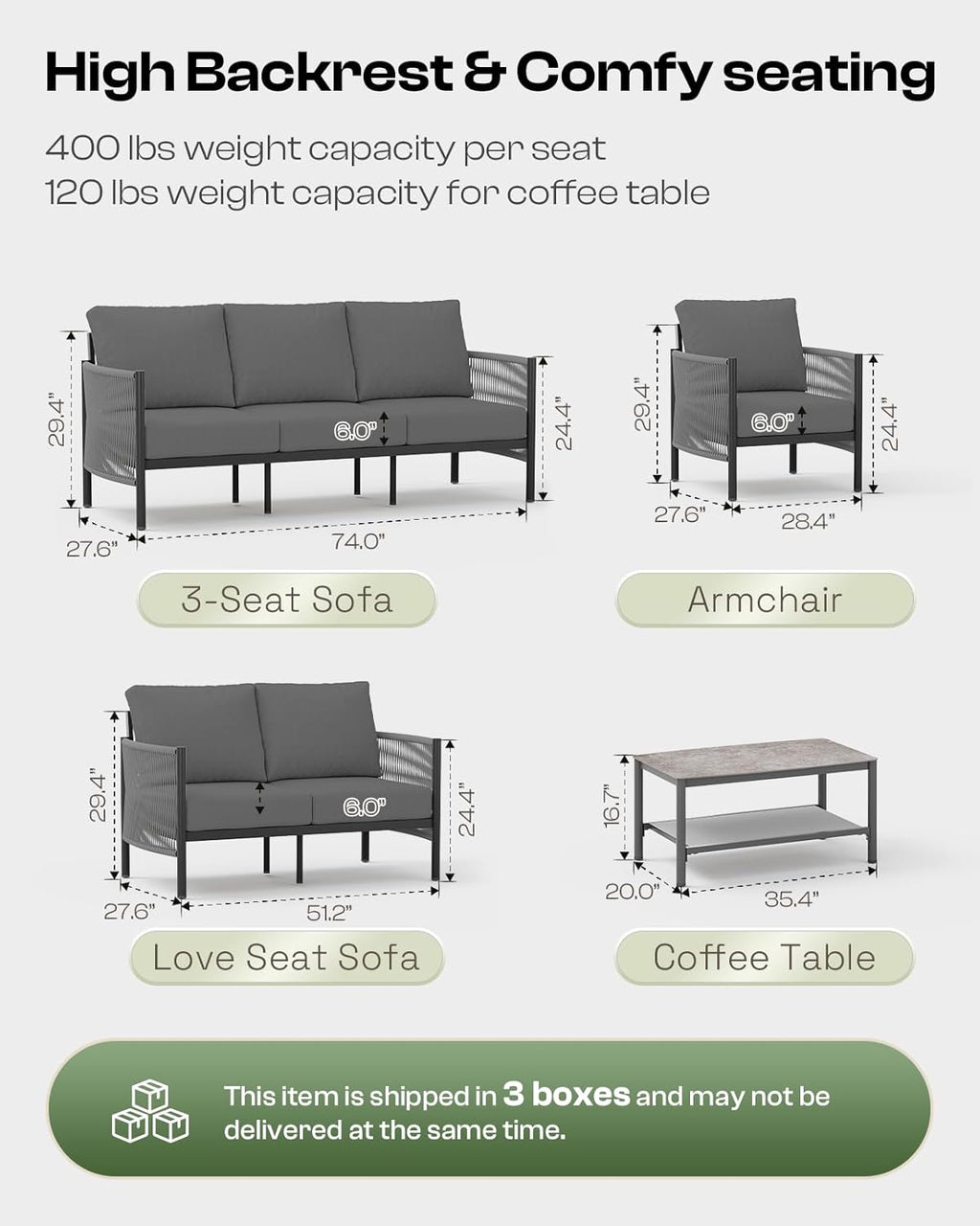 Aluminum Outdoor Patio Furniture Set, HDPE Rope 4 Piece Modern Sectional Conversation Sets with Dual-Layer Coffee Table, All Weather Patio Couch Set with Thick Cushions, Gray Frame, Charcoal