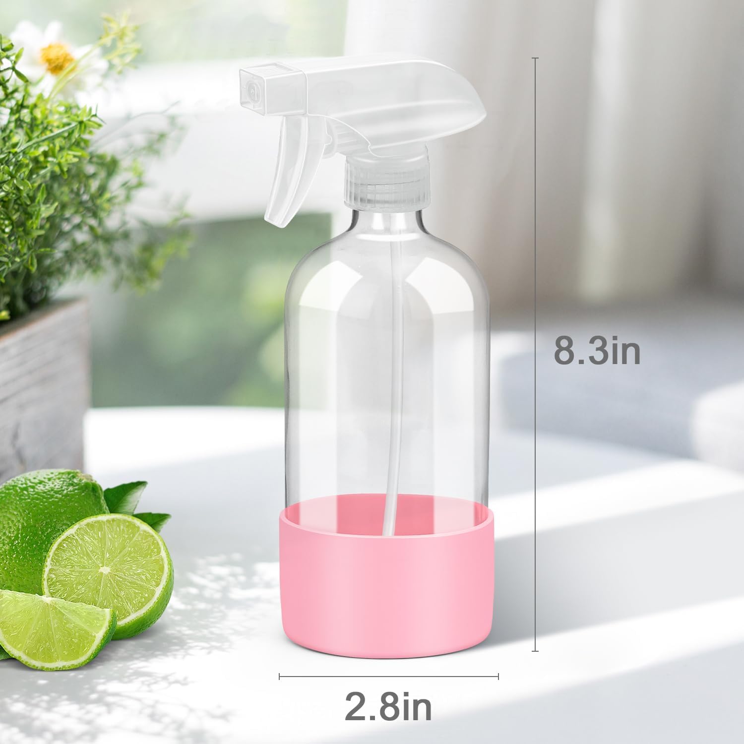 Glass Spray Bottles with Silicone Sleeve Protection, Empty 16 oz Refillable Containers, Reusable Spray Bottles for Hair, Cleaning Solutions, 3 Pack Grey&Pink&Purple