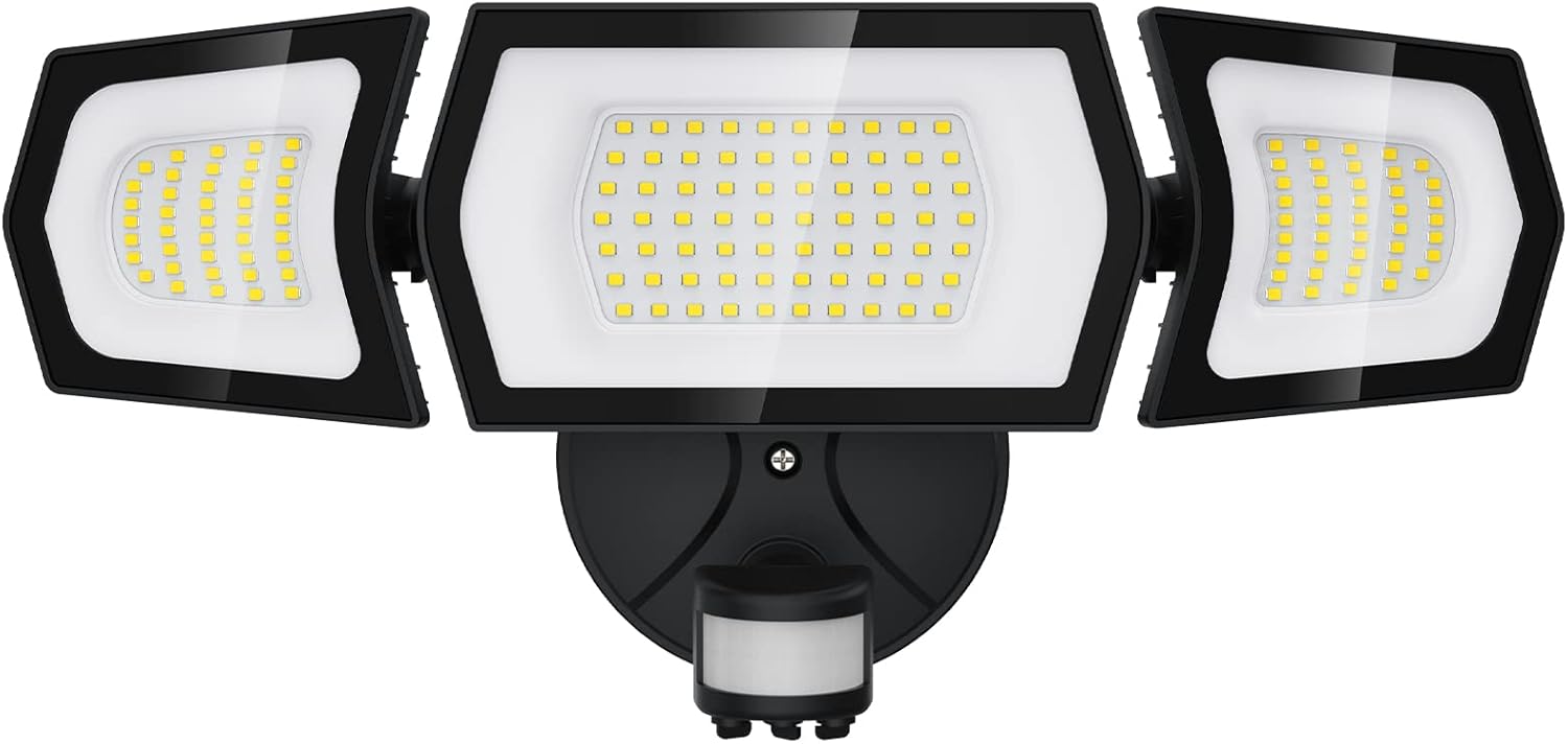 100W LED Flood Light Motion Sensor, 9000LM Motion Security Lights Outdoor, 3 Head Adjustable Floodlight, IP65 Waterproof Exterior Floodlights, 6500K Wall Light for Entryway, Yard, Garage