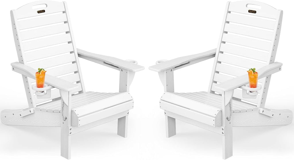Adirondack Chairs Set of 2, Outdoor Fire Pit Chairs, HDPE All-Weather Adirondack Chairs with Cup Holder, Lawn Chair for Deck, Patio, Garden (White)