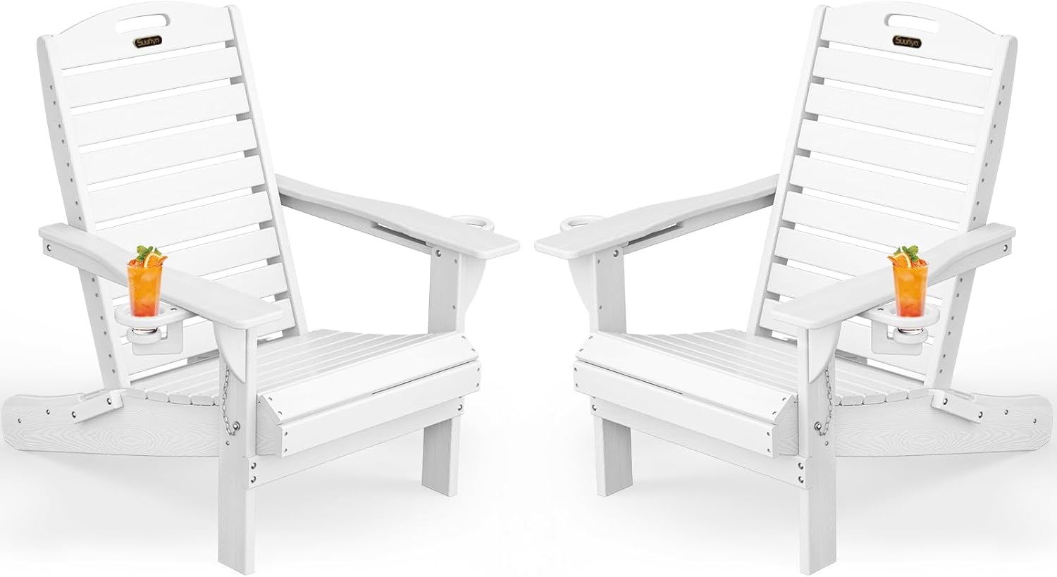 Adirondack Chairs Set of 2, Outdoor Fire Pit Chairs, HDPE All-Weather Adirondack Chairs with Cup Holder, Lawn Chair for Deck, Patio, Garden (White)