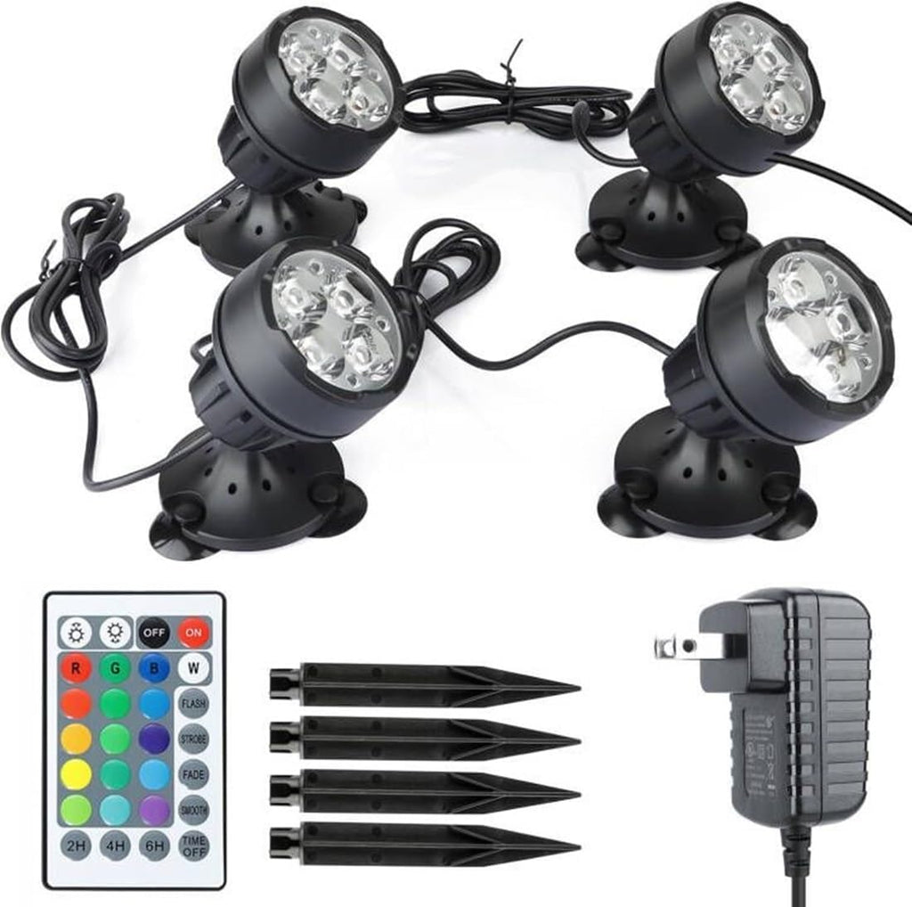 Pond Lights with Timer Color Changing Outdoor Spotlights Underwater Fountain Light Dimmable IP68 Waterproof Submersible LED Landscape Lighting with Spiked Stand (Set of 4)
